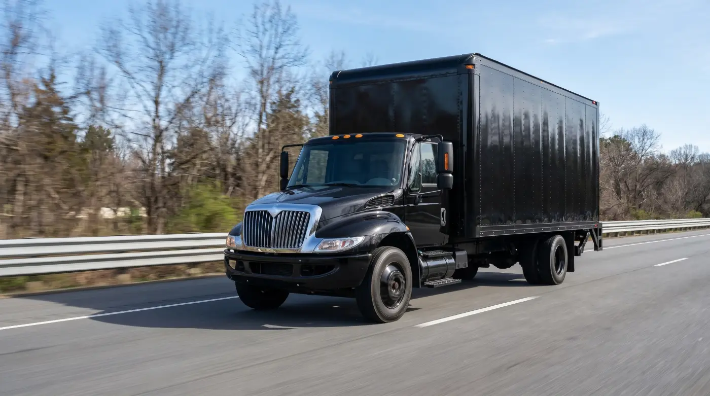 A black box truck for expedited shipping travels along a highway on a clear day.