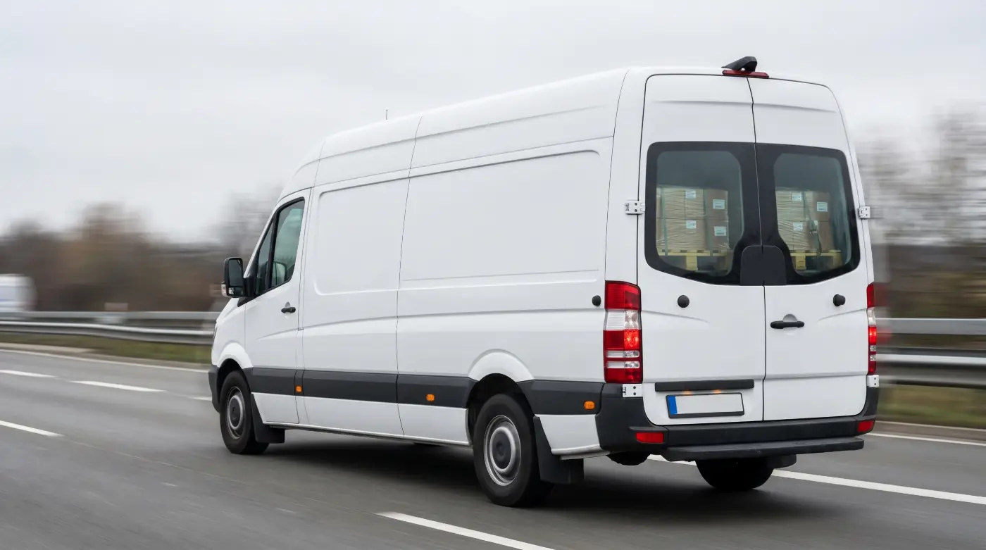 White Sprinter van delivering expedited freight on a highway with cargo pallets visible through the rear windows.