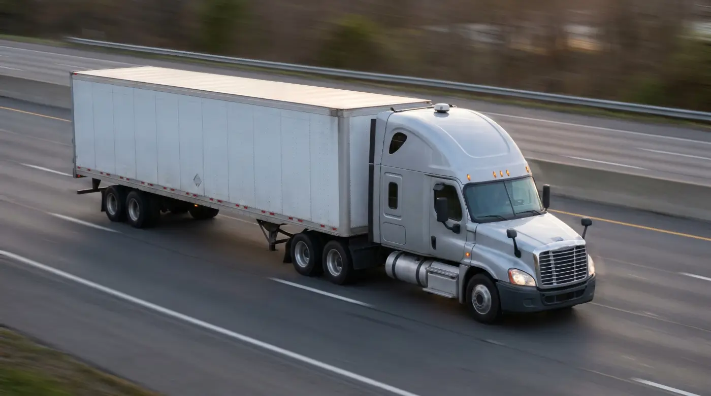 Silver sleeper cab tractor-trailer hauling a white dry van trailer on a multi-lane highway for expedited shipping.