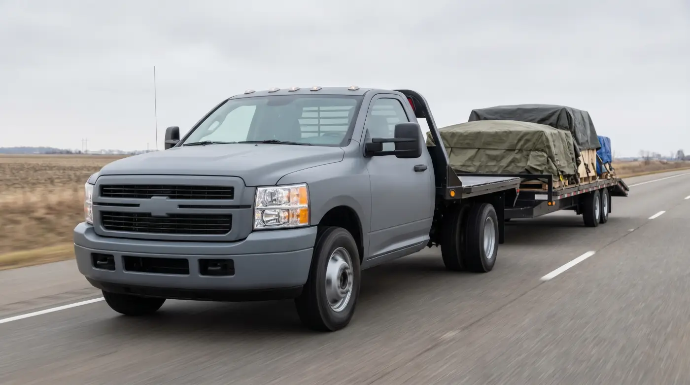 A gray hot shot flatbed truck hauls tarped expedited freight on a highway trailer.