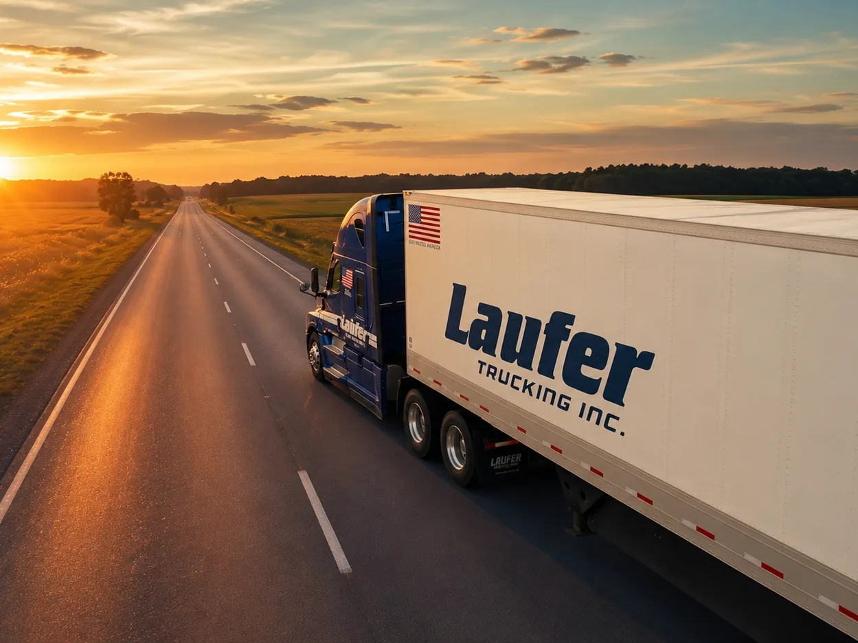 Laufer Trucking dry van semi-truck hauling freight on an open highway during a golden hour sunset.