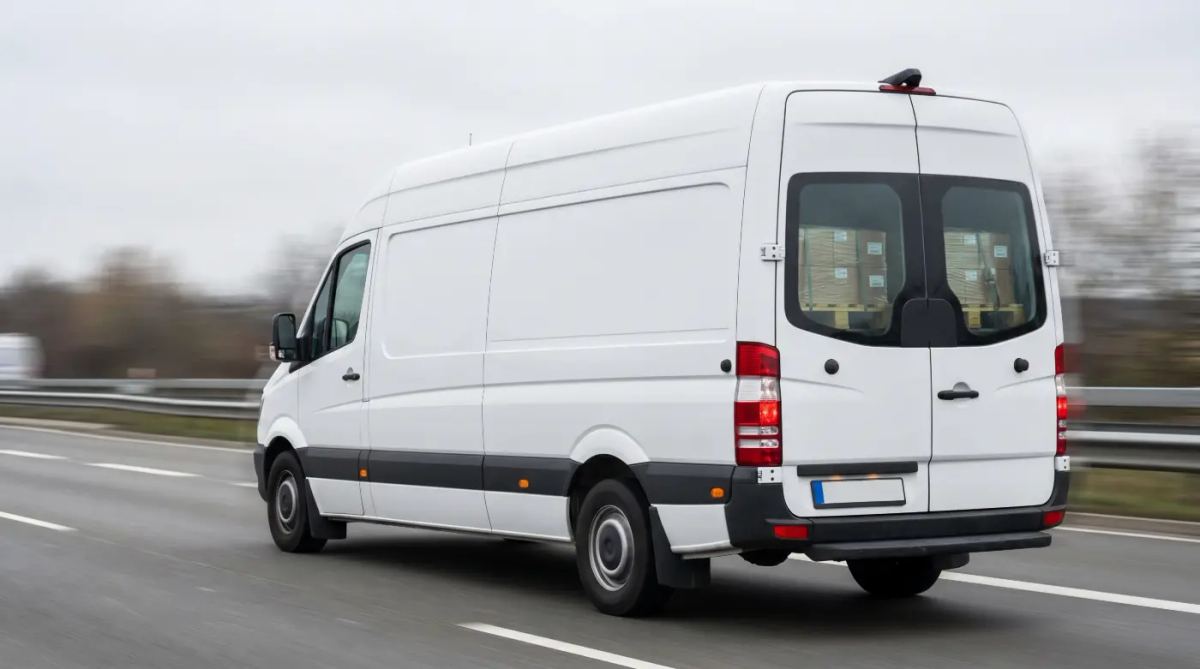 White Sprinter van delivering expedited freight on a highway with cargo pallets visible through the rear windows.