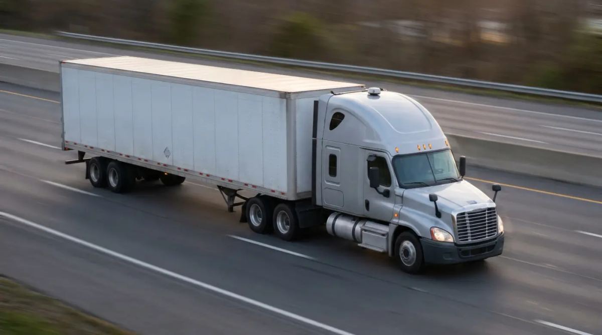 Silver sleeper cab tractor-trailer hauling a white dry van trailer on a multi-lane highway for expedited shipping.