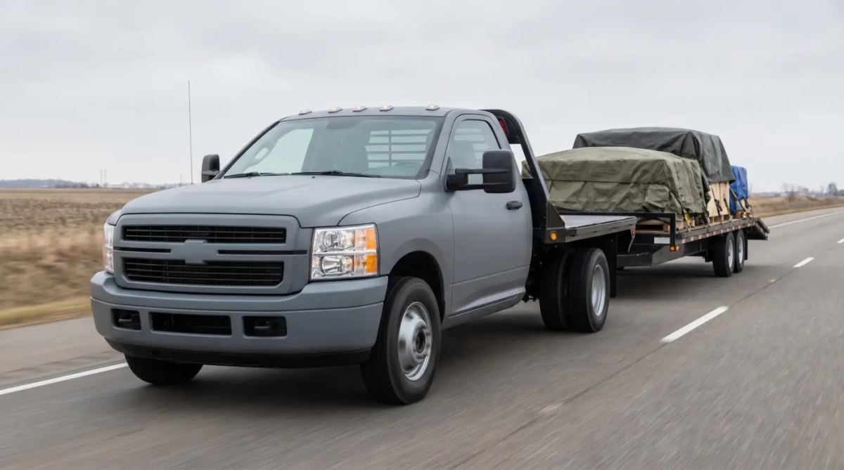 A gray hot shot flatbed truck hauls tarped expedited freight on a highway trailer.